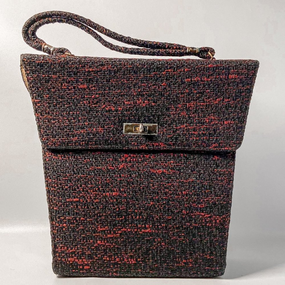 1960s Vintage Black Red Tweed Weave Medium Size Handbag Purse